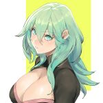  1girl black_shirt border breasts byleth_(fire_emblem) byleth_(fire_emblem)_(female) cleavage enlightened_byleth_(female) fire_emblem fire_emblem:_three_houses green_eyes green_hair hair_between_eyes hair_over_shoulder highres kin_mokusei large_breasts light_blush long_hair looking_at_viewer portrait shirt solo upper_body v-shaped_eyebrows white_border yellow_background 