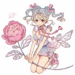  1girl braid braided_bun breasts cleavage double_bun drill_hair earrings flower grey_hair grey_skirt hair_bun hair_ribbon highres jewelry leaf long_hair medium_breasts original oversized_flower pink_eyes pink_flower pink_footwear pink_ribbon ribbon shoes simple_background skirt solo twin_braids white_background yuuinami 