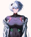  1girl absurdres alternate_breast_size ayanami_rei bangs black_bodysuit blue_hair bodysuit breasts hair_between_eyes headgear highres interface_headset jacket large_breasts long_sleeves looking_at_viewer neon_genesis_evangelion open_clothes open_jacket pilot_suit red_eyes reyarths science_fiction short_hair simple_background skin_tight solo straight-on upper_body white_background 