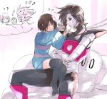  1boy 1other ? ?? android bangs black_eyeshadow black_hair black_thighhighs blue_shirt blue_shorts bob_cut brown_hair closed_eyes colored_skin comb crossed_arms eyebrow_piercing eyeshadow feet_out_of_frame frisk_(undertale) full_body highres holding holding_comb long_sleeves makeup mettaton napstablook no_shoes piercing pillow red_footwear robot shirt shoji_sakura short_hair shorts sitting sitting_on_lap sitting_on_person striped striped_shirt thighhighs undertale white_skin 
