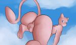  absurd_res anthro balls bent_leg big_butt blue_eyes butt cloud cloudscape floating generation_1_pokemon genitals hairless hi_res i_will_dance_only_if_the_beat_is_funky legendary_pokemon long_tail looking_back male mew_(pokemon) mouthless nintendo pink_body pink_skin pokemon pokemon_(species) rear_view sky solo tail thick_thighs 