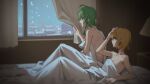  2girls after_sex ahoge bed bed_sheet bite_mark blonde_hair breasts cleavage collarbone commentary covering covering_breasts curtains gumi hand_on_own_head hickey implied_after_sex kagamine_rin lamp looking_through_window multiple_girls naked_sheet on_bed scratches short_hair sidelocks sketch small_breasts snow snowing under_covers vocaloid window wounds404 yuri 