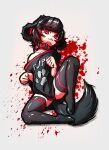  1boy absurdres animal_ears black_hair blood blood_splatter collar collarbone dog_boy dog_ears dog_tail floofsmear highres looking_at_viewer original oversized_clothes red_collar red_eyes self_upload short_hair simple_background solo tail thighhighs thighs 