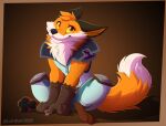  2022 absurd_res anthro biped black_nose canid canine clothed clothing digital_media_(artwork) dipstick_tail epic_games feet fennix_(fortnite) fortnite fox fur gloves handwear hi_res jumpsuit knee_pads leo-wolf male mammal markings orange_body orange_eyes orange_fur pawpads paws simple_background sitting smile solo tail tail_markings toes tuft yellow_sclera 