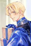  1boy bangs blonde_hair blue_cloak blue_eyes blue_ribbon box cloak dimitri_alexandre_blaiddyd fire_emblem fire_emblem:_three_houses garreg_mach_monastery_uniform gift gift_box hair_between_eyes high_collar highres holding holding_gift kin_mokusei looking_at_viewer looking_back male_focus parted_bangs parted_lips ribbon short_hair smile solo teeth upper_body 