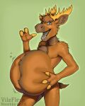  3_fingers after_vore anthro belly_grab biped brown_body brown_fur brown_inner_ear_fluff brown_nipples brown_tongue capreoline deer fingers fur grey_eyes happy horn inner_ear_fluff male mammal moose navel neoshka nipples obese obese_anthro obese_male open_mouth overweight overweight_anthro overweight_male solo tail teeth tongue tuft vore yellow_horn 