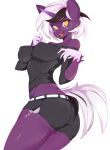  5_fingers anthro black_bottomwear black_clothing black_topwear bottomwear breasts clothed clothing equid equine eyewear fan_character female fingers glasses hasbro highlights_(coloring) horn hotpants mammal my_little_pony open_mouth purple_body shorts simple_background slugbox smile solo tail tight_clothing topwear unicorn white_background yellow_eyes 