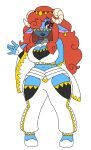  absurd_res arabian_clothing big_breasts blue_body breasts cleavage_cutout clothing female firbolg hair hi_res horn humanoid jewelry long_ears looking_at_viewer makeup red_eyes red_hair silvershield88 solo thick_thighs veil waving_hand 