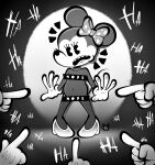  2023 anthro black_body censor_bar clothing disney english_text female footwear gesture gloves group handwear hi_res high_heels laughing_at mammal minnie_mouse monochrome mostly_nude mouse murid murine navel open_mouth pointing rodent solo_focus text tophatmahoney 
