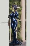  absurd_res anthro big_breasts breasts clothed clothing dress female fur giraffe giraffid hi_res hobble_skirt hobbled latex latex_clothing mammal rubber rubber_clothing rubber_suit shanher solo 