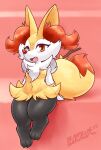  2023 3_toes anthro artist_name blasticussaturn braixen breasts canid canine cheek_tuft chest_tuft claws digital_media_(artwork) eyelashes facial_tuft fangs feet female fingers fur generation_6_pokemon hi_res inner_ear_fluff looking_at_viewer mammal navel nintendo open_mouth orange_body orange_eyes orange_fur pokemon pokemon_(species) red_nose signature simple_background smile solo stick teeth thick_thighs toe_claws toes tongue tuft white_body white_fur yellow_body yellow_fur 
