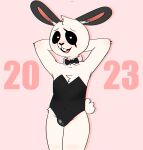  anthro black_ears blush bow_tie bulge bunny_costume chinese_zodiac clothed clothing costume elponda girly hand_on_head hi_res hybrid lagomorph leporid looking_at_viewer male mammal partially_clothed ponda rabbit simple_background smile smiling_at_viewer solo tail text thick_thighs year_of_the_rabbit 