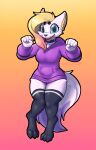  anthro blonde_hair canid canine choker clothing cutesy dash domestic_cat felid feline felis female fox fur hair hoodie hybrid jewelry legwear mammal necklace purple_clothing purple_hoodie purple_topwear solo thigh_highs topwear white_body white_fur xinxax_(artist) 