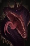  2020 ambiguous_gender artist_logo bodily_fluids dated dragon fangs feral forked_tongue hi_res logo looking_at_viewer mouth_shot neck_spikes no_sclera open_mouth pupils purple_body purple_eyes purple_scales red_tongue riorix saliva saliva_string scales simple_background slit_pupils solo teeth tongue tongue_out 