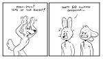  angry anthro bodily_fluids buckteeth canid canine canis chest_tuft chinese_zodiac comic ears_down english_text facial_tuft featureless_crotch group head_tuft humor lagomorph leporid long_ears male mammal open_mouth pivoted_ears profanity rabbit redic-nomad smile sweat tail tail_tuft teeth text trio tuft two_panel_image whiskers wolf year_of_the_rabbit 