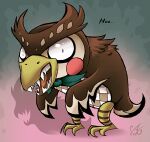  2020 animal_crossing anthro avian bird blathers_(animal_crossing) bow_tie bow_tie_only brown_body dialogue dragongirl269 english_text green_bow_tie hunched_over looking_at_viewer male mostly_nude nintendo open_mouth owl pupils sharp_teeth signature simple_background small_pupils solo teeth text 
