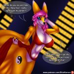  bandai_namco big_breasts biped black_sclera bottomless breasts canid canine chest_tuft clothed clothing daphne_dress digimon digimon_(species) fan_character female fox genitals hair kyubimon mammal multi_tail nude_fashion pink_hair pussy shin_kerron simple_background tail titania tuft 
