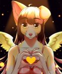  2019 ahoge anthro artist_name bangs brown_hair bust_portrait canid canine clothed clothing countershade_face countershade_fur countershade_torso countershading digital_media_(artwork) feathered_wings feathers female folded_ears fur gesture hair hand_heart hi_res looking_at_viewer mammal multicolored_hair pink_hair pink_inner_ear pink_nose portrait shaded solo tealsick two_tone_hair white_body white_fur wings yellow_body yellow_eyes yellow_fur 