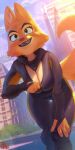  2023 4_fingers anthro aruurara big_breasts bodysuit breasts canid canine cleavage clothed clothing diane_foxington dreamworks eyebrow_piercing facial_piercing fangs female fingers fox fur green_eyes hand_on_leg hi_res inner_ear_fluff leaning_on_self mammal open_mouth orange_body orange_fur piercing skinsuit smile solo teeth the_bad_guys tight_clothing tuft unzipping 