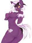  5_fingers anthro areola breasts clothing cutie_mark equid equine eyewear eyewear_only fan_character female fingers glasses glasses_only hasbro highlights_(coloring) horn legwear mammal my_little_pony nipples nude open_mouth purple_body simple_background slugbox smile solo stockings tail unicorn white_background yellow_eyes 