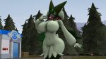  16:9 2022 3d_(artwork) anthro baek-myo big_breasts breasts digital_media_(artwork) featureless_breasts female flower generation_9_pokemon green_body green_skin hi_res looking_at_viewer meowscarada nintendo one_eye_closed open_mouth pink_eyes plant pokemon pokemon_(species) pokemorph pose solo source_filmmaker standing tree widescreen 