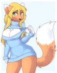  2017 anthro biped blonde_hair blue_background blue_clothing blue_sweater blue_topwear border breasts chest_tuft cleavage cleavage_cutout clothed clothing countershade_fur countershade_torso countershading digital_media_(artwork) female fur green_eyes hair hi_res keyhole_turtleneck long_hair looking_at_viewer mammal orange_body orange_fur portrait shaded simple_background solo sweater three-quarter_portrait topwear tuft white_border white_ear_tips white_tail_tip zyira 