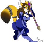  anthro blue_eyes boots breasts brown_hair butt canid canine claire_o&#039;conell clothing female footwear fox hair jumpsuit krystal mammal nintendo phuufy solo staff star_fox tagme tail uberquest webcomic yellow_body 