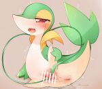  anthro blush bodily_fluids censored female generation_5_pokemon genital_fluids genitals green_body hi_res looking_at_viewer myuruu nintendo open_mouth pokemon pokemon_(species) pussy pussy_juice red_eyes snivy solo spread_pussy spreading yellow_body 