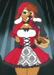  2017 anthro armwear basket biped bread breasts brown_body brown_fur brown_hair clothed clothing clothing_bow container digital_media_(artwork) dress elbow_gloves fairy_tales female fishnet fishnet_legwear food fully_clothed fur gloves green_eyes hair handwear legwear little_red_riding_hood little_red_riding_hood_(copyright) looking_at_viewer outside plant portrait solo standing three-quarter_portrait tree zyira 