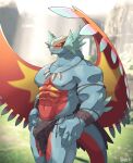  abs ancient_pokemon anthro anthrofied bottomwear bulge clothing detailed_background generation_9_pokemon hi_res jewelry loincloth looking_at_viewer male muscular muscular_male necklace nintendo nipples paradox_pokemon pecs pokemon pokemon_(species) reptile roaring_moon scalie smile voviat 