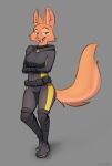  anthro barbell_piercing biped canid canine cheek_tuft clothed clothing diane_foxington digital_media_(artwork) dreamworks eyebrow_piercing eyebrows facial_piercing facial_tuft female fox full-length_portrait fully_clothed green_eyes grey_background hi_res inner_ear_fluff mammal open_mouth piercing pink_nose portrait schmutzo simple_background solo standing tail teeth the_bad_guys tuft 