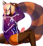  5_fingers ailurid anthro big_tail biped blep blonde_hair bottomless braided_hair brown_body brown_fur clothed clothing digital_media_(artwork) erection fingers fur genitals glans hair hi_res hoodie humanoid_genitalia humanoid_penis lokkun long_sleeves looking_at_viewer male mammal markings orange_body orange_fur penis pink_penis pink_tongue portrait purple_clothing purple_hoodie purple_topwear red_panda shaded simple_background solo striped_markings striped_tail stripes tail tail_markings tealsick three-quarter_portrait tongue tongue_out topwear white_background 