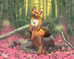  andromorph anthro black_ears black_tail canid canine colored countershade_face countershade_torso countershading digital_media_(artwork) digital_painting_(artwork) ewademar female_(lore) flower fox hi_res intersex mammal orange_body outside plant red_fox rose_(flower) signature smile solo tail tree vines yellow_eyes 