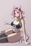  anthro bell bell_collar biped bovid bovine breasts cattle clothing collar ear_piercing female fingers hair horn legwear lingerie looking_at_viewer mammal navel navel_piercing piercing pink_hair pinup pose purple_eyes simple_background sitting smile solo stockings welive wide_hips 
