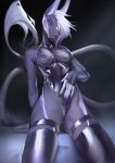  2023 anthro black_latex blue_eyes chain clothed clothing fangs female front_view grey_body grey_sclera hair hi_res latex_armwear latex_legwear latex_topwear looking_at_viewer narrowed_eyes portrait shermugi simple_background skimpy smile solo species_request tail tail_tuft teeth three-quarter_portrait tuft unsigned white_body white_hair 