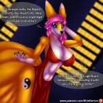  bandai_namco big_breasts black_sclera breasts canid canine chest_tuft clothing daphne_dress digimon digimon_(species) fan_character female fox hair kyubimon mammal multi_tail pink_hair shin_kerron simple_background tail titania tuft 