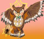  2020 ambient_arthropod animal_crossing arthropod avian bird blathers_(animal_crossing) bodily_fluids bow_tie bow_tie_only briannajay feral flying green_bow_tie hi_res holding_object holding_object_with_feet looking_at_viewer male mostly_nude nintendo open_mouth orange_background owl sharp_talons simple_background solo spread_wings sweat wings 