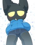  abstract_background anthro black_body black_fur blue_boxer_briefs blue_clothing blue_hoodie blue_topwear blush bodily_fluids boxer_briefs bulge clothing fur half-closed_eyes hand_in_pocket hands_in_both_pockets hi_res hoodie league_of_legends looking_at_viewer looking_down_at_viewer male narrowed_eyes pantsless pockets portrait riot_games smite_(artist) solo sweat sweatdrop three-quarter_portrait topwear underwear veigar view_from_below yellow_eyes yordle 