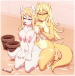  2023 anthro big_breasts blonde_hair breasts canid canine duo female female/female fur hair hi_res mammal nipples nude re-sublimity-kun suds white_body white_fur yellow_body yellow_fur 