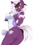  5_fingers anthro bottomless bottomless_anthro bottomless_female bow_ribbon breasts clothed clothing cutie_mark equid equine fan_character female fingers hasbro highlights_(coloring) horn maid_apron mammal my_little_pony open_mouth purple_body simple_background slugbox smile solo tail unicorn white_background white_clothing yellow_eyes 
