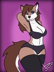 anthro big_breasts bra bra_strap breasts canid canine cleavage clothed clothing female fox hand_behind_head hi_res legwear lingerie lonnyk mammal pose purple_eyes solo thick_thighs thigh_highs underwear 