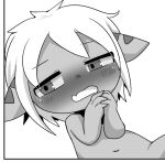  adult_(lore) anthro bamfear blush doneru fangs female greyscale hair hands_clasped looking_away looking_down monochrome navel nude shy simple_background solo tany_(doneru) teeth white_background young 