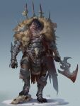 armor axe blood bodily_fluids bone canid canine canis clothing crown facial_scar gauntlets gloves greaves handwear hi_res looking_at_viewer male mammal melee_weapon scar sharp_teeth simple_background skull solo spikes standing sword teeth tooth_wu vambraces weapon wolf 