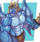  abs anthro armor blonde_hair blue_body bottomwear clothing dragon hair headgear helmet horn loincloth male melee_weapon muscular muscular_male shirtless shirtless_male solo sword thunderhacs weapon wings 