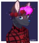  2019 anthro artist_name blue_eyes blue_nose border bust_portrait canid canine clothed clothing digital_media_(artwork) dress_shirt flower flower_crown fur grey_body grey_fur hair inner_ear_fluff looking_at_viewer male mammal pattern_clothing pattern_shirt pattern_topwear pink_hair plant portrait red_clothing red_shirt red_topwear shirt simple_background solo tealsick topwear tuft white_border 
