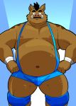  2023 anthro belly big_belly brown_body bulge clothed clothing kemono male mammal moobs navel nipples overweight overweight_male shiba-kenta solo suid suina sus_(pig) wild_boar 