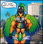  anthro avian azul_da_silva barely_visible_genitalia barely_visible_penis beak bedroom_eyes bird blush body_hair bottomwear brazil brazilian bulge catalina_macaw clothing detailed_bulge dialogue english_text feathered_arms g-string genitals green_eyes happy_trail hi_res hotpants ipanema lgbt_pride line_art looking_at_viewer macaw male monochrome multicolored_body muscular muscular_male narrowed_eyes neotropical_parrot nipple_piercing nipples open_zipper parrot penis penis_base photo_background piercing portuguese_text pride_colors rainbow_flag rainbow_pride_flag rainbow_symbol rio_de_janeiro seductive shirt shorts skianous solo talking_to_viewer tank_top text thong topwear translated true_parrot twunk underwear wide_hips winged_arms wings 