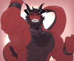  anthro armpit_fetish beard big_tail black_hair bodily_fluids chest_tuft dragon facial_hair fist_pump hair hi_res horn jugger_(character) juggermelon male muscular muscular_anthro muscular_male pecs red_body smile smiling_at_viewer solo sweat sweaty_armpit tail tuft 
