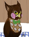  2013 absurd_res animal_crossing avian bird blathers_(animal_crossing) bow_tie bow_tie_only brown_body fatcatcakes feral green_bow_tie hi_res looking_at_viewer male mostly_nude nintendo owl portrait signature solo standing three-quarter_portrait yellow_sclera 