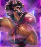  2022 anthro artist_name balls balls_outline big_balls big_breasts biped blizzard_entertainment breasts canid clothed clothing fishnet fishnet_legwear genital_outline genitals gynomorph hi_res huge_breasts intersex legwear looking_at_viewer looking_back looking_back_at_viewer looking_down_at_viewer low-angle_view mammal nipple_outline rebrokota skimpy solo thick_thighs warcraft were werecanid worgen 